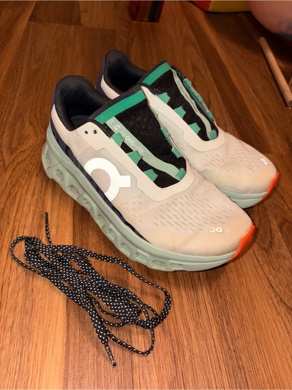 On Running Cloud Monster Running Shoes - Mint/White with Orange and Navy Accent